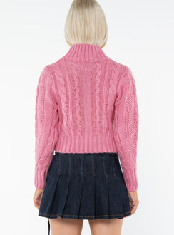 Cable knit cropped sweater, mock neck Good stretch, unlined