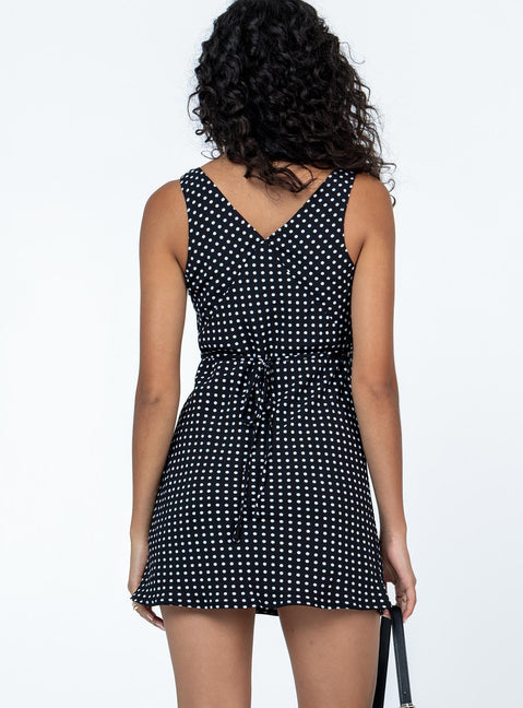 Mini dress Polka dot print  V neck Singe waist tie at back Invisible zip fastening at side  Wide shoulder straps A line fit