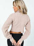 Beige jumper Knit material Roll turtle neck Cross over front Fitted cuffs