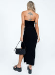 Black matching set Knit material  Strapless crop top  High waisted midi skirt  High side slit 
