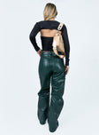 Pants 100% PU Faux leather material  Zip & button fastening  Belt looped waist  Six pockets  Pleated at inner thigh  Wide leg 
