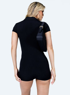 Playsuit Ribbed material  Classic collar  Zip front fastening  Cap sleeves 