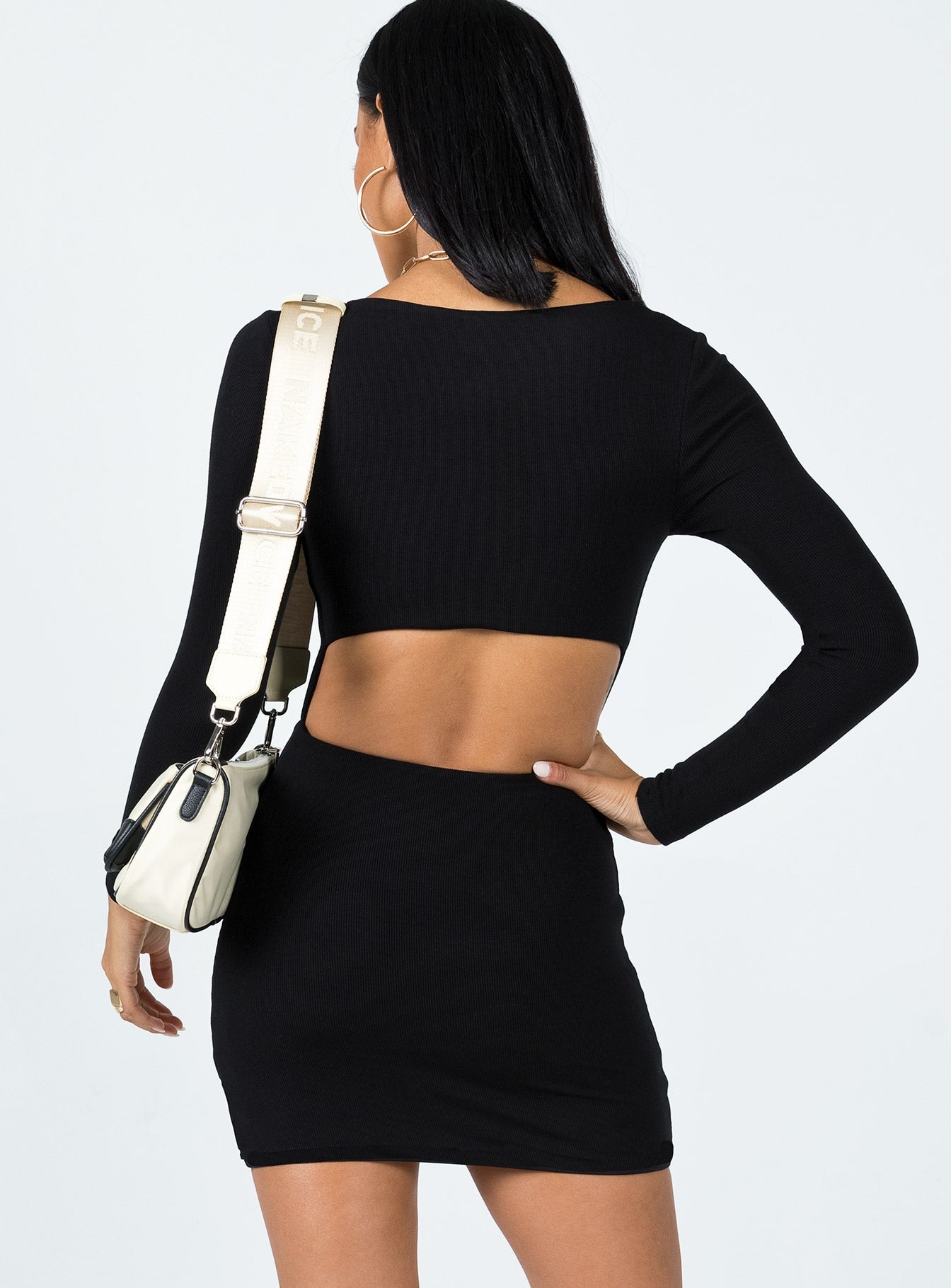 Long sleeve mini dress Slim fitting  Princess Polly Exclusive Outer: 95% rayon 5% elastane  Lining: 95% polyester 5% elastane  Wide neckline  Silver-toned heart ring at bust  Keyhole cut out  Open back 