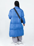 Longline puffer jacket High neck  Zip & press button fastening  Twin hip pockets 