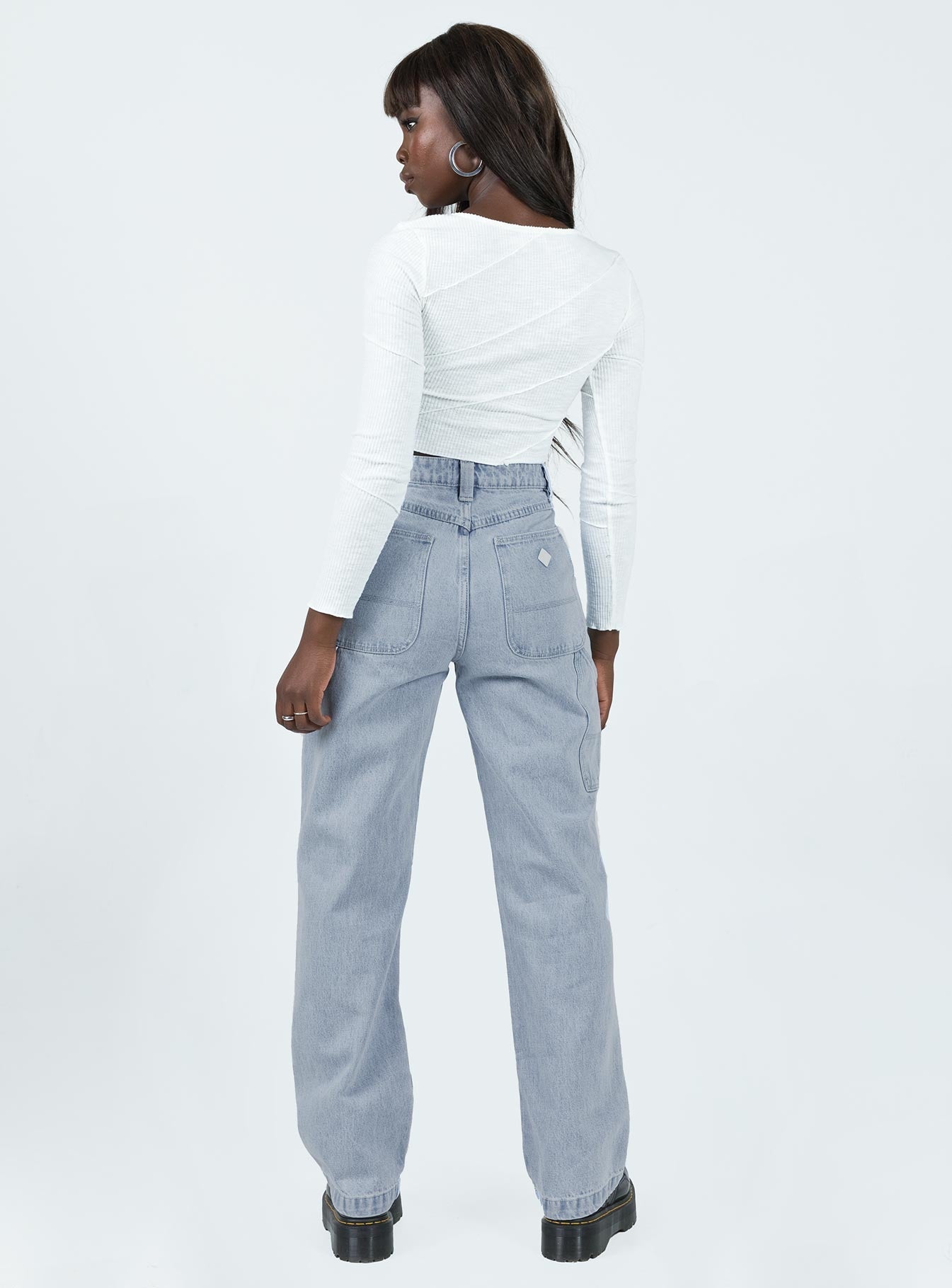 Jeans Light wash denim Belt looped waist Five-pocket design Zip & button fastening Mid-rise Branded patch on back Wide leg