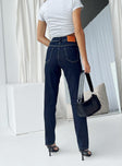 Jeans Mid rise fit Dark wash denim Belt looped waist  Front button & zip fastening  Classic five pocket design 