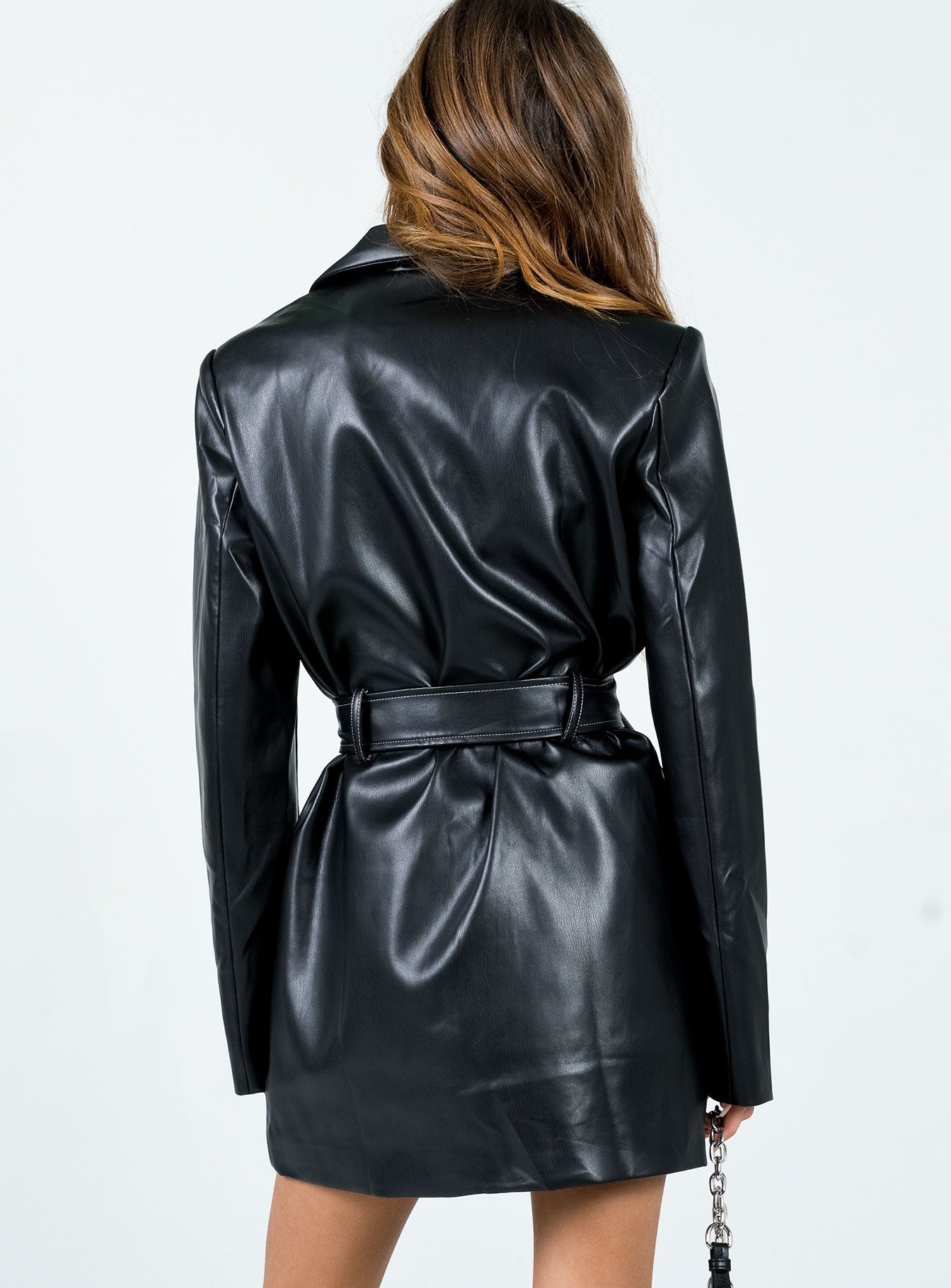 PU Mini dress Contrast stitching  Lapel collar  Press button fastening  Four front pockets  Removable & adjustable waist belt  Belt looped waist 