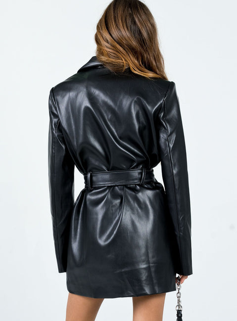 PU Mini dress Contrast stitching  Lapel collar  Press button fastening  Four front pockets  Removable & adjustable waist belt  Belt looped waist 