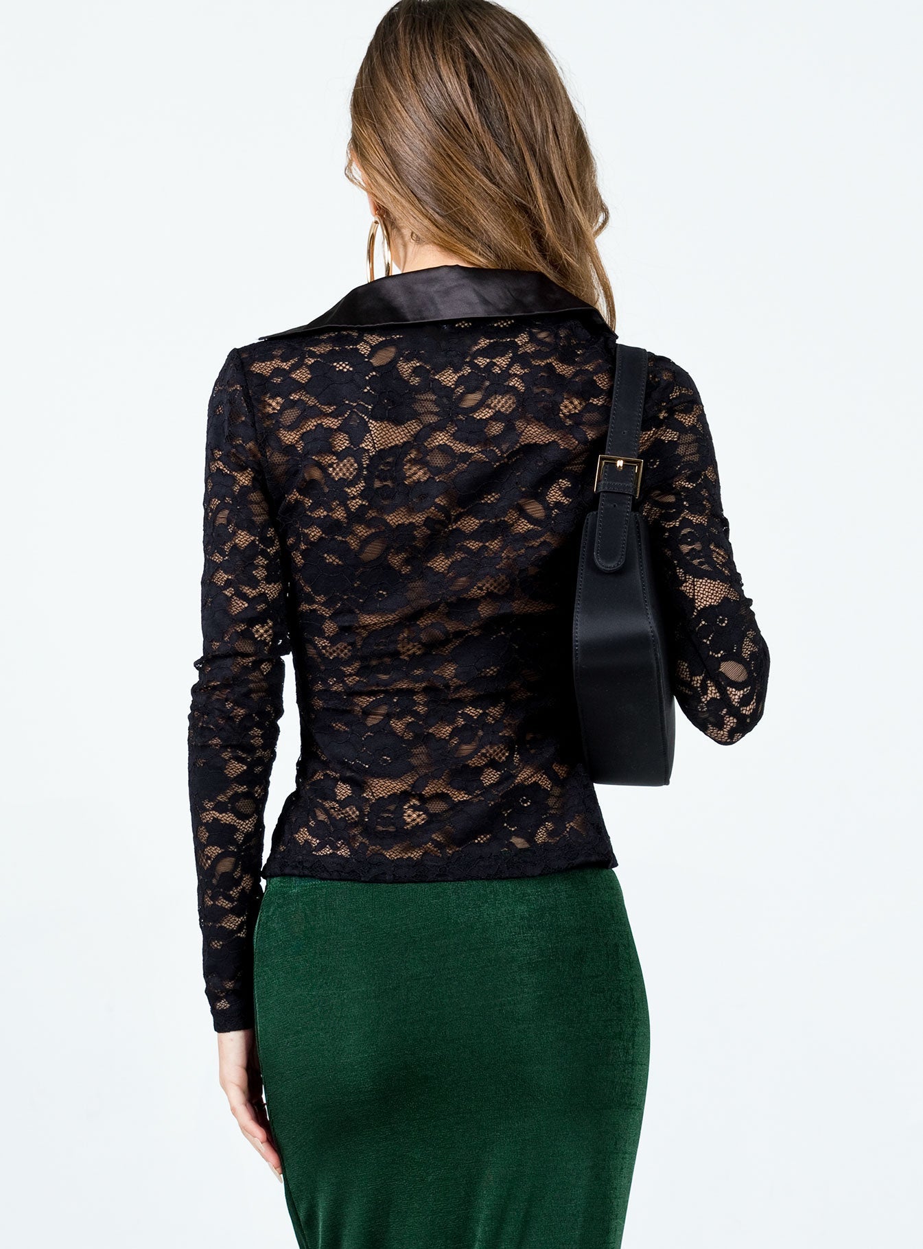 Long sleeve top Sheer lace material  Classic collar  Button front fastening 