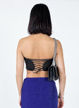 Strapless corset top Sheer mesh material  Boning throughout  Lace-up back fastening 
