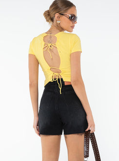 High rise black denim shorts Belt looped waist, classic five-pocket design, branded patch at back, raw edge hem