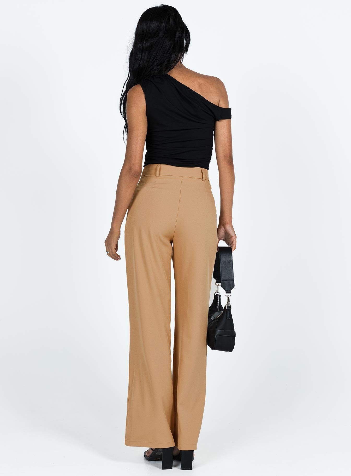 Pants Front button and zip fastening Belt looped waist Subtle pleats at waist Twin hip pockets