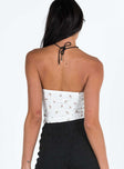 Strapless top Floral print Lace trim  Tie fastening at bust Invisible zip fastening at side
