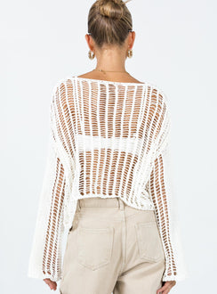 Sweater  Relaxed fit  100% polyester Mesh stitch crochet  Delicate material - wear with care  Wide neckline  Drop shoulder 