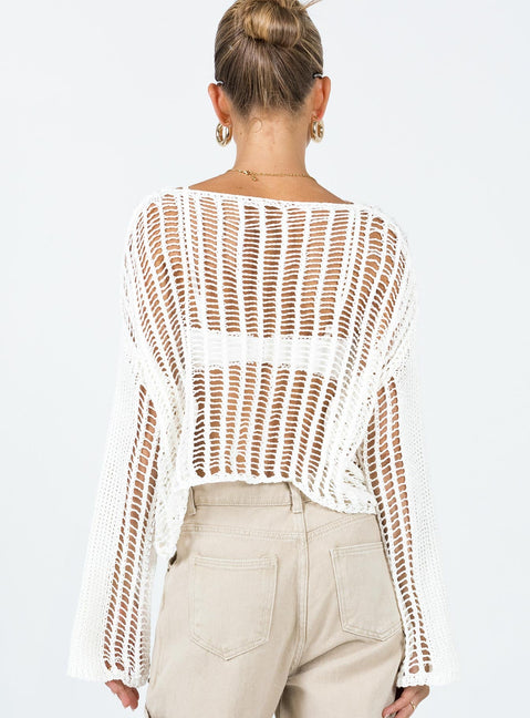 Sweater  Relaxed fit  100% polyester Mesh stitch crochet  Delicate material - wear with care  Wide neckline  Drop shoulder 