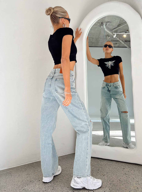 Jeans Light wash denim Paint splatter detail Belt looped waist Classic five-pocket design Zip & button fastening High waisted Ripped knees