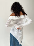 Sweater Sheer knit material Off-the-shoulder design Folded neckline Asymmetrical hemline Good stretch Unlined 