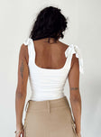 White top Adjustable shoulder straps with tie fastening Scooped neckline Ruching at sides Good stretch Fully lined