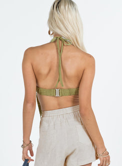 Green crop top Textured material Halter neck tie fastening Adjustable coverage Clasp fastening at back Elasticated back strap Layered double pointed hem Good stretch  Lined bust 