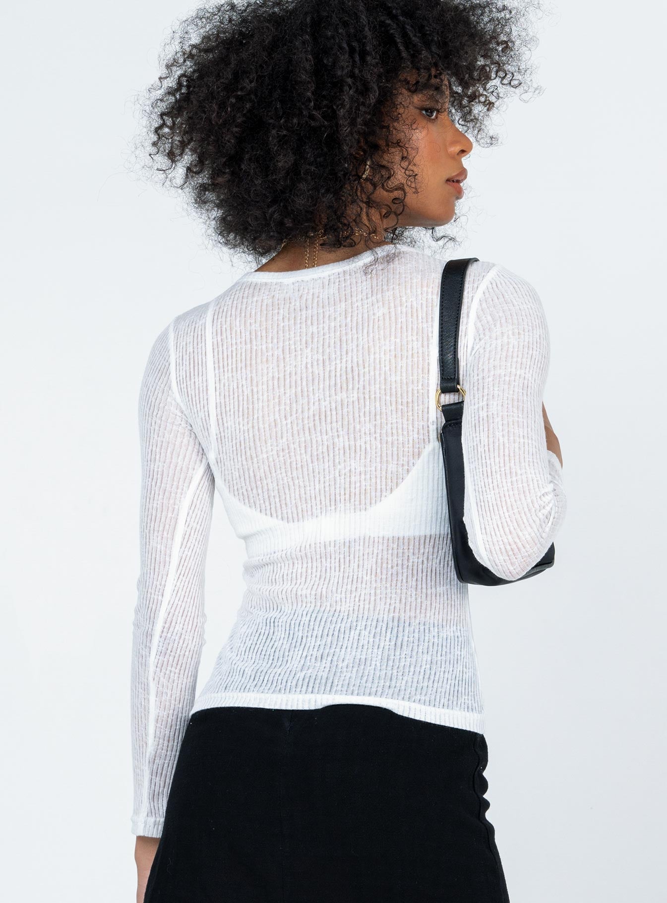 Long sleeve top  Slim fitting  Princess Polly Exclusive 75% polyester 25% rayon Sheer ribbed material  Good stretch  Unlined   