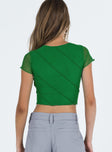 Green slim fitting crop top Sheer mesh material Diagonal stitching Good stretch