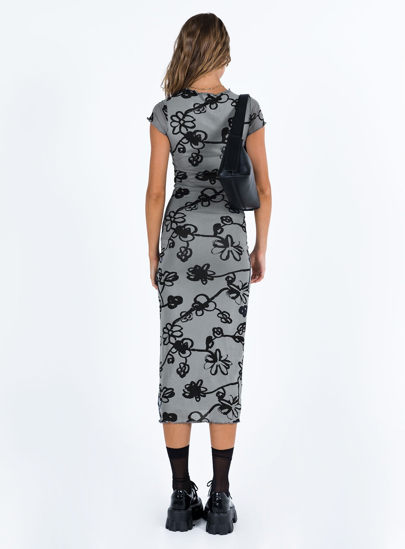 Midi dress Mesh material Graphic print High neckline Cap sleeve Lettuce edge hem Good stretch