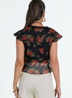 Crop top Floral print Lace trim  Cap sleeve  V neckline Tie fastening at bust