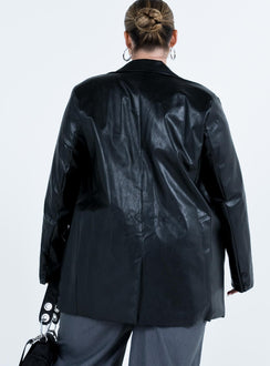 Black blazer Faux leather material Twin front pockets Padded shoulders Fully lined