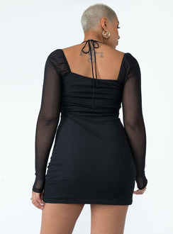 Long sleeve mini dress Sheer mesh sleeves  Halter neck tie fastening  Adjustable tie at bust 