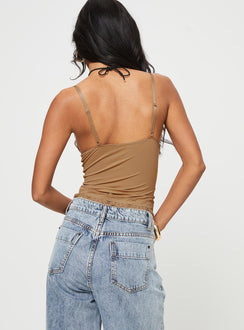 V-neckline cami Adjustable shoulder straps, lace trim