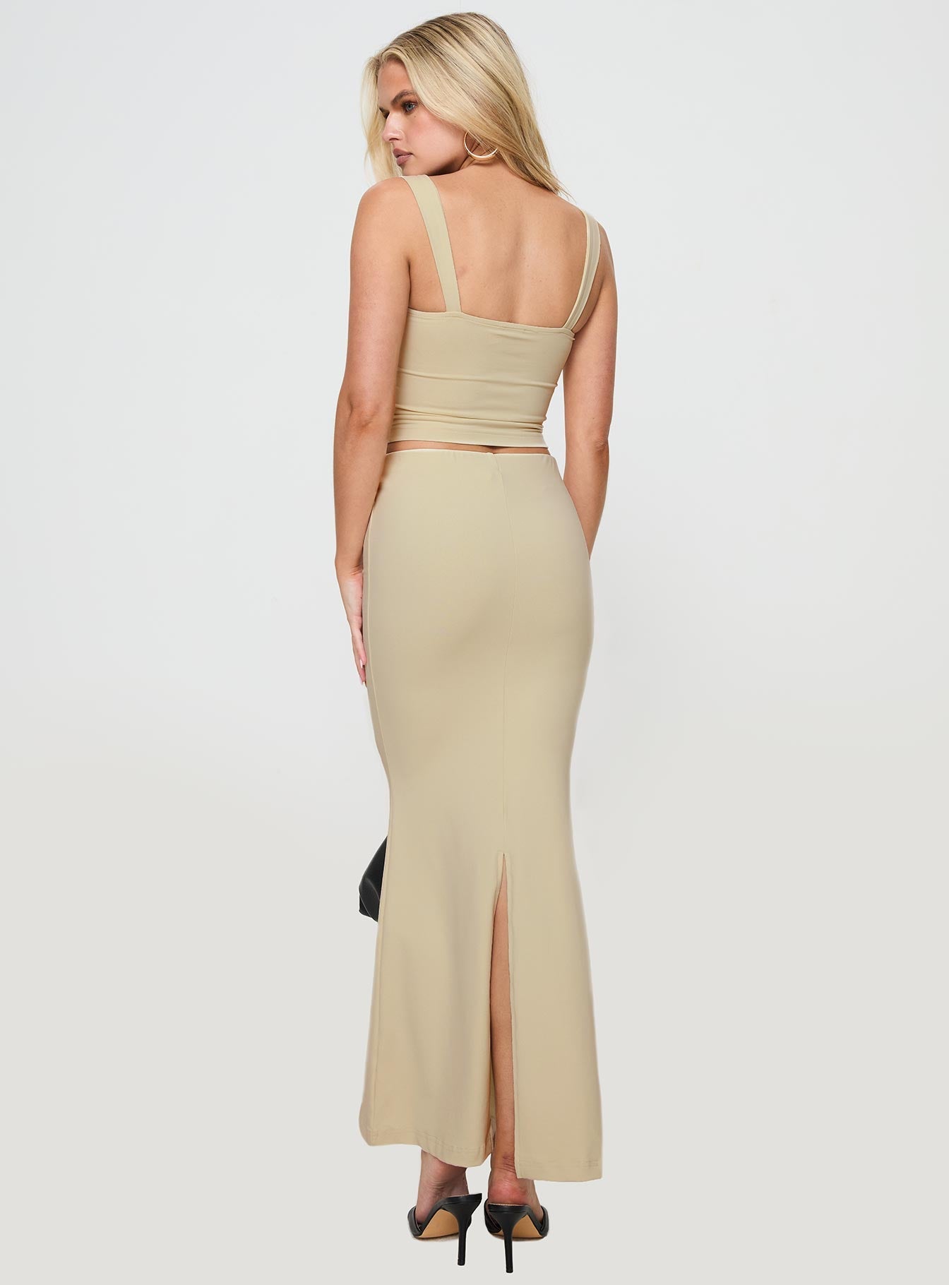 Beige Matching set Fixed straps, pinched bust, elasticated waistband, high split in hem at back