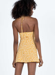 Yellow mini dress Floral print Halter neck tie fastening Wired cups Ruched bust Invisible zip fastening at back