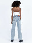 Jeans Mid wash denim High rise Belt looped waist Zip and button fastening  Classic five-pocket design Branded patch at back Rip at thigh Wide leg
