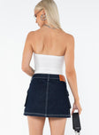 Denim mini skirt, dark wash denim, high rise Belt looped waist, zip and button fastening, contrast stitching Non-stretch material, unlined 