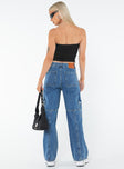 Cargo jean, mid-wash denim, high rise Belt looped waist, six-pocket design, zip and button fastening, straight leg