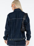 Dark wash denim jacket Contrast stitching, button fastening at front, classic collar, twin chest pockets