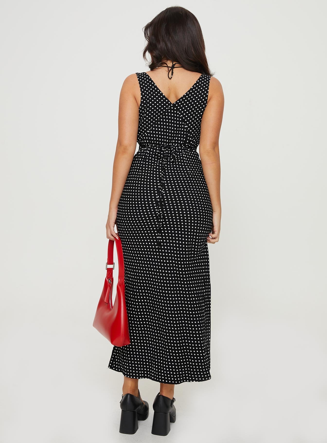 Maxi dress, V neckline, Invisible zip fastening at side, Tie detail at back  Non-stretch, Fully lined