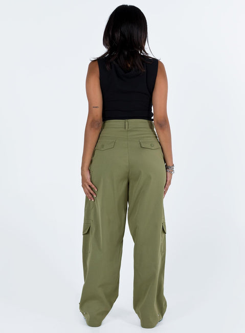 Cargo pants High rise Belt looped waist Zip and button fastening Drawstring at waist Seven pocket design Faux back pockets Straight leg