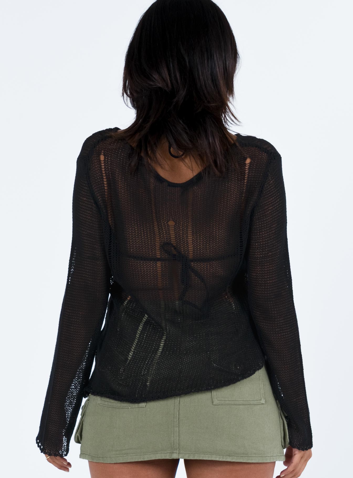 Sweater Sheer knit material Wide neckline Asymmetrical hem Good stretch Unlined 