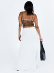 White maxi skirt Pointelle material High rise Thin elasticated waistband Lace trim Flower detail Good stretch Mesh lined