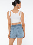 High rise shorts Elasticated waistband, tie fastening drawstring, fixed rolled hem, twin hip pockets