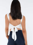 Open back top High neckline, tie fastening at back Good stretch, fully lined 
