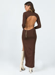 Maxi dress Knit material  Mock neck  Backless design  Chain strap at back  High side slit  Good stretch 