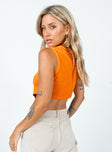 Orange vest top with a purple Ragged Priest logo at front, pointed hem, tank top