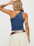 One-shoulder denim top Crop style, contrast stitching, belt loops around neckline, zip fastening at sides