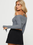 Of the shoulder mesh crop top Ruched throughout, inner silicone strip at neckline Good stretch, fully lined