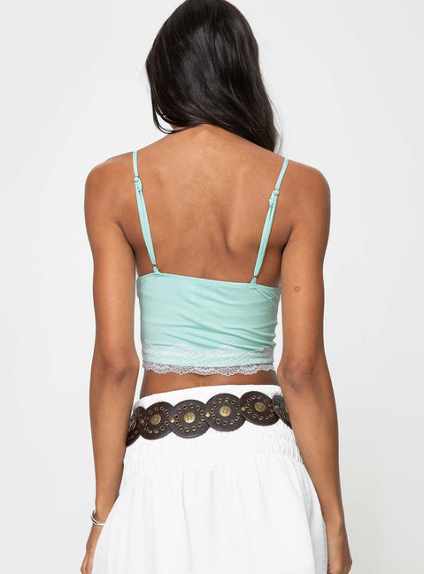 V-neckline crop top, slim-fitting Lace trim on bust and hem, adjustable straps 