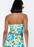 Strapless top Floral print  Inner silicone strip at bust  Zip fastening at back 