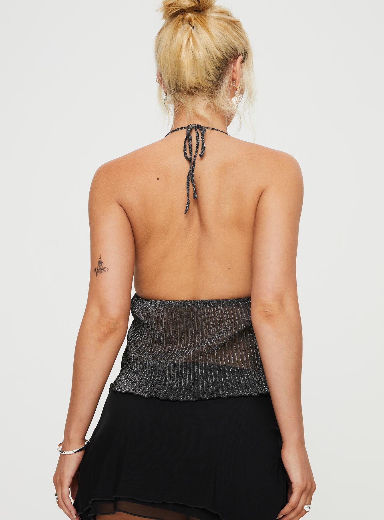 Plisse glitter top Sheer material, plunging neckline, split hem, halter neck tie, tie fastening at bust Good stretch, lined bust