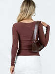 Brown long sleeve top Ribbed material  Wide neckline  Good stretch  Unlined 